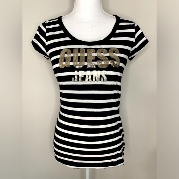 Guess Women Black White Stripe Gold Sequin Logo T-shirt Size Medium - Picture 1 of 8